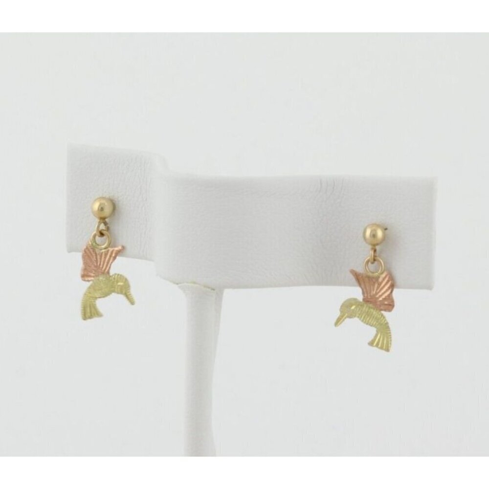 10k Yellow Gold Black Hills Gold Hummingbird Earrings Dangle Drop 5/8" x 1/4"